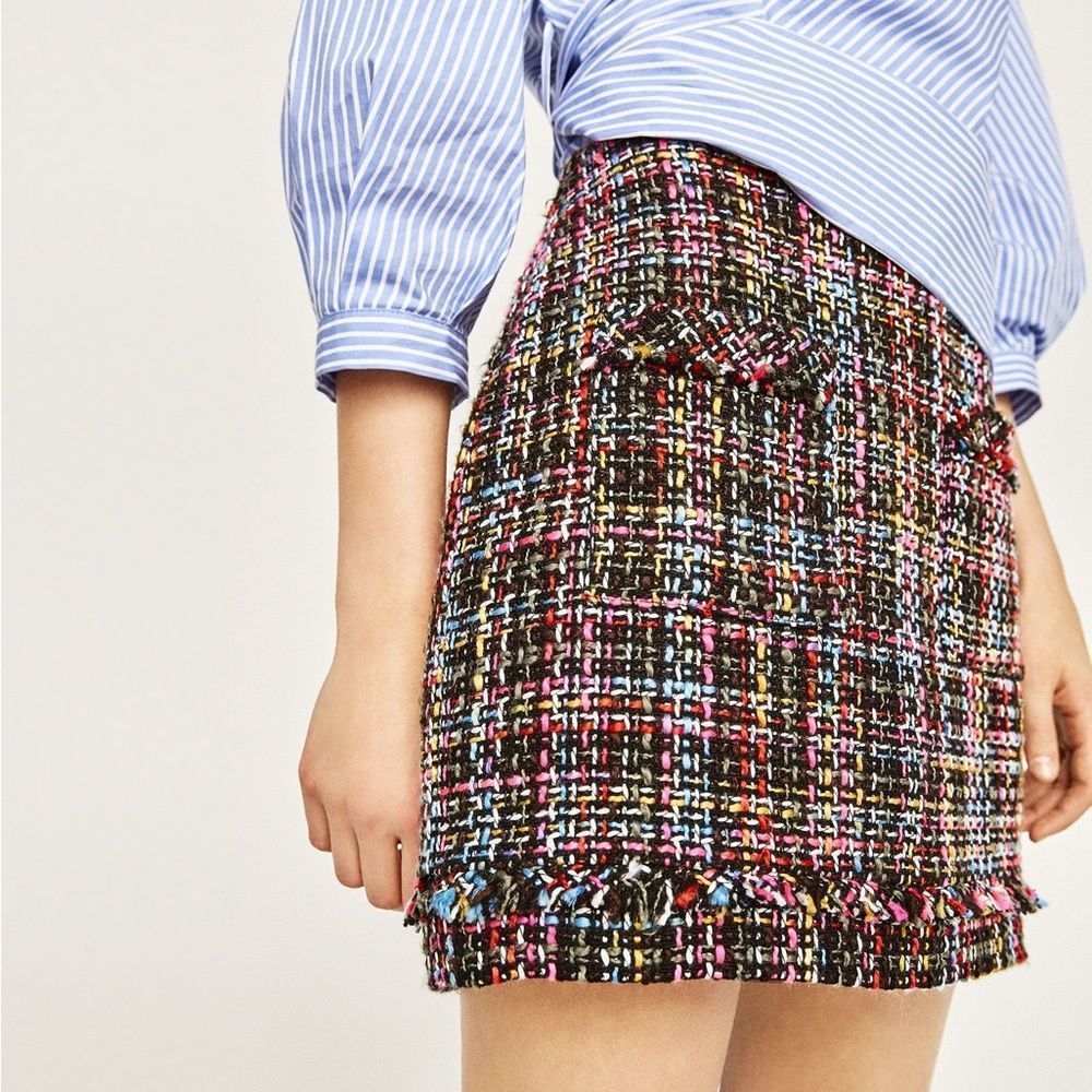 Zara Multicolor Tweed Fringe Knit Mini Skirt